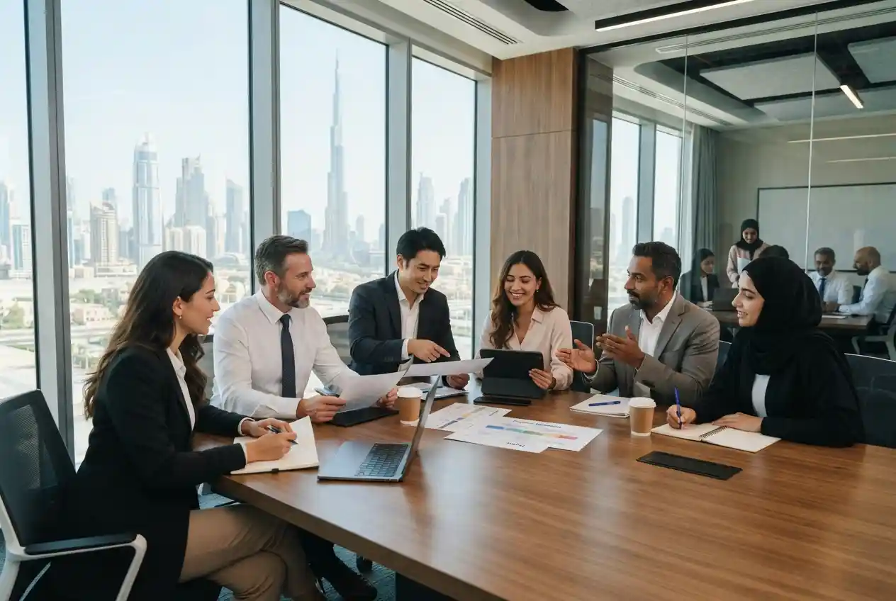 Corporate professionals working in a Dubai business office