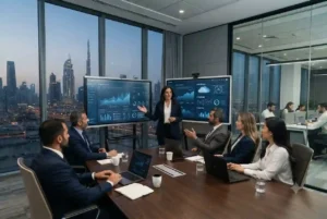 Chief Technology Officer leading a technology leadership meeting in a modern office