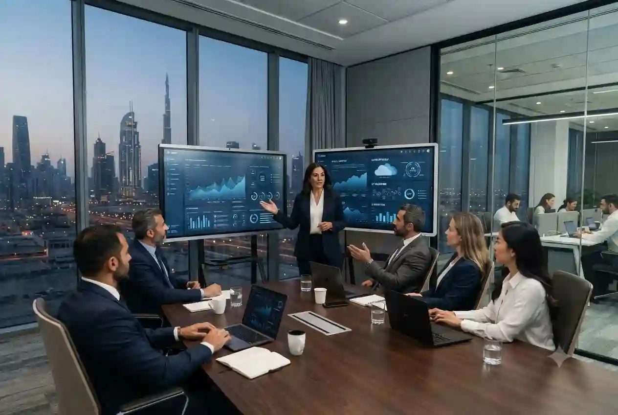 Chief Technology Officer leading a technology leadership meeting in a modern office