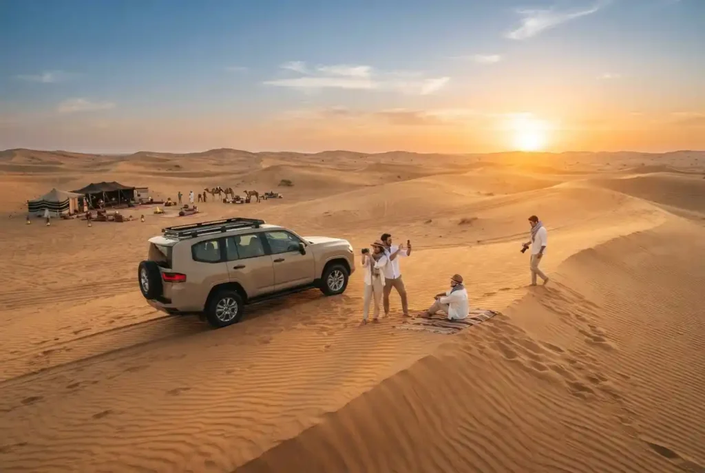 Dubai desert safari vehicle crossing golden dunes during an evening tour