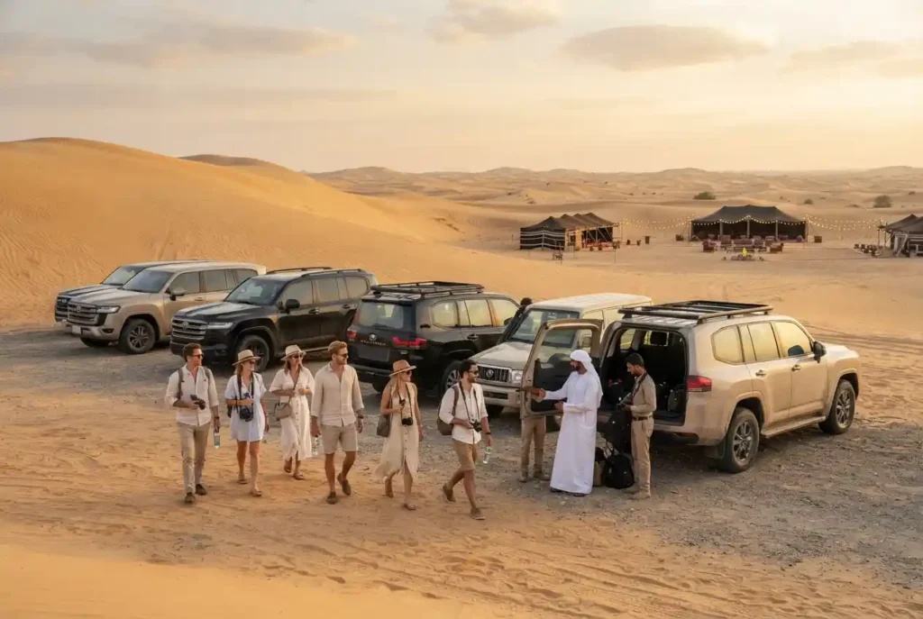 Travellers preparing for a Dubai desert safari among golden dunes