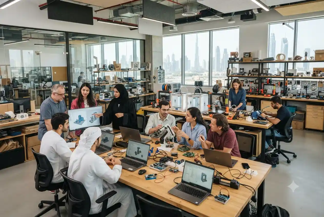 Students and designers using modern design technology tools, CAD software, and prototypes in a UAE innovation lab.