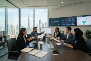 Digital marketing professionals comparing marketing strategies in Dubai