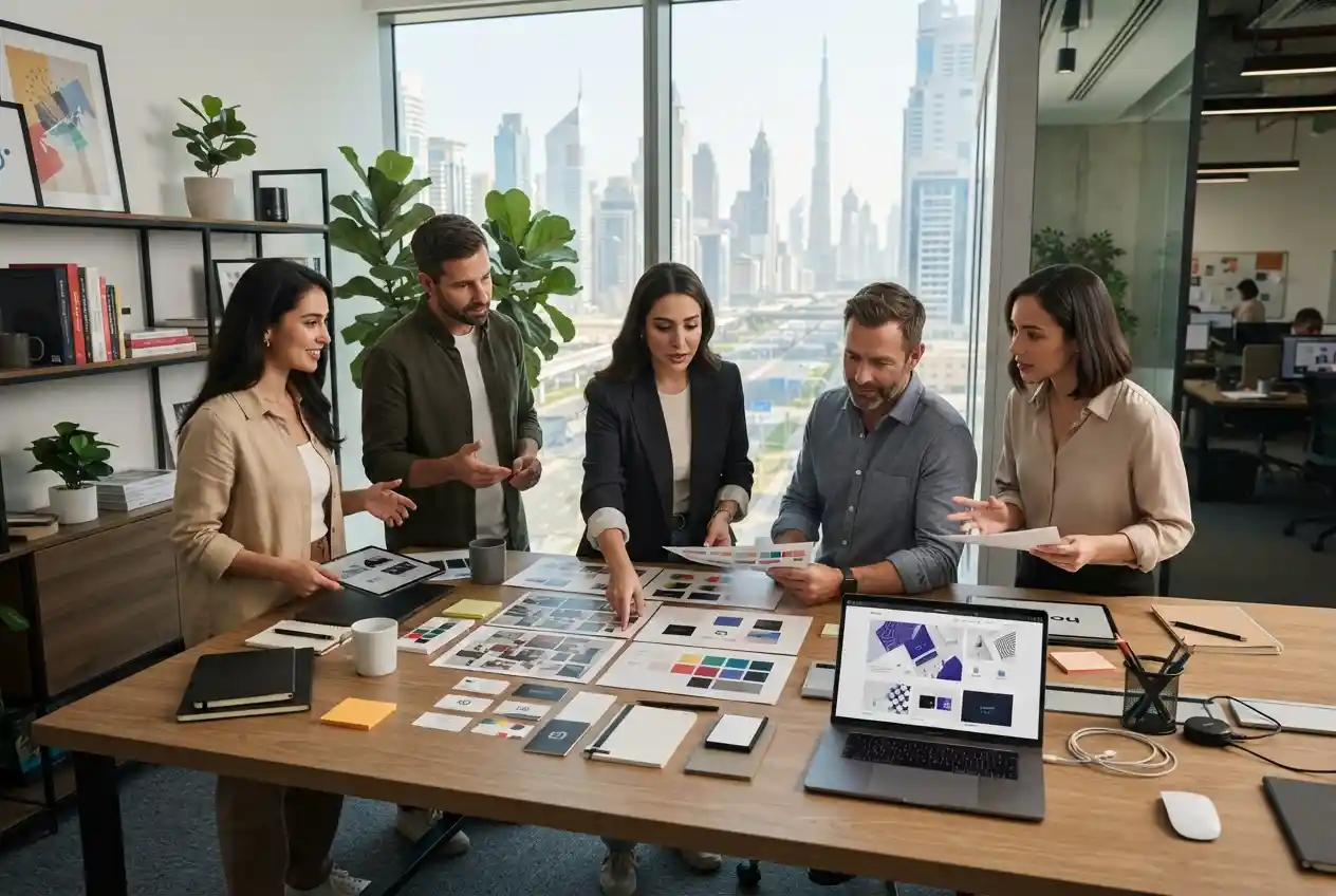 Digital marketing agency team developing a professional company profile and brand identity