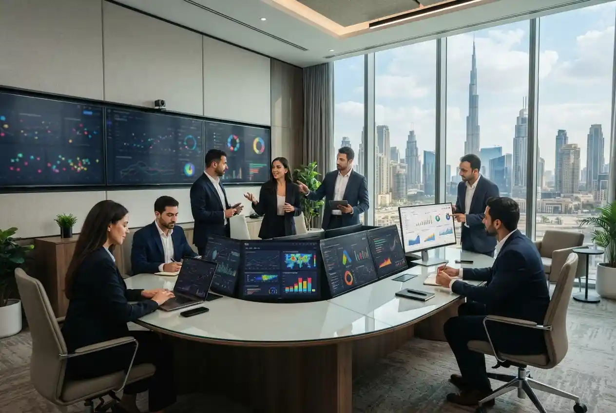 Digital marketing professionals analyzing SEO advertising and campaign data in the UAE