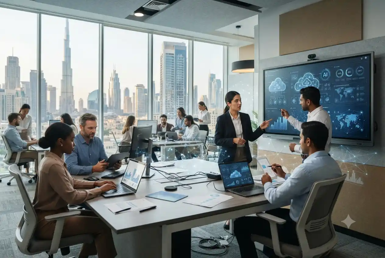 Modern business professionals using digital world technology and connected systems