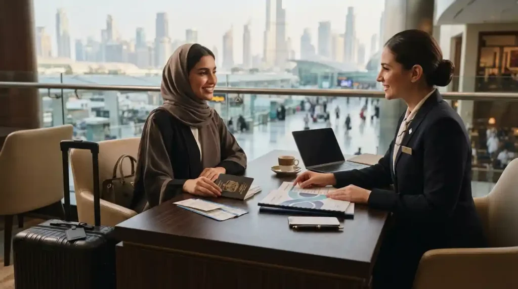 dnata travel insurance UAE guide with passport luggage and insurance documents