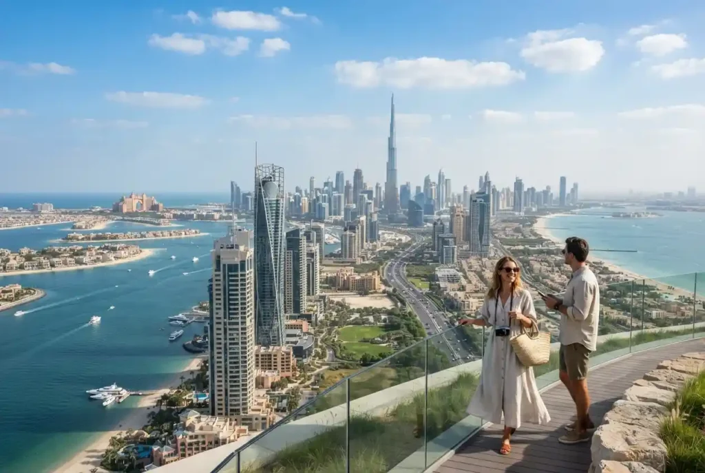 Dubai famous spots featuring Burj Khalifa, Palm Jumeirah and Dubai Marina