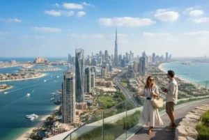 Dubai famous spots featuring Burj Khalifa, Palm Jumeirah and Dubai Marina