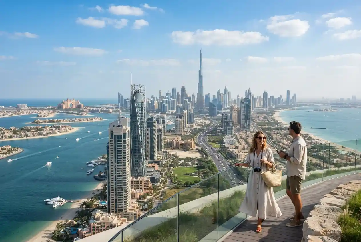 Dubai famous spots featuring Burj Khalifa, Palm Jumeirah and Dubai Marina