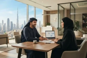 Insurance consultant assisting a customer in a Dubai office