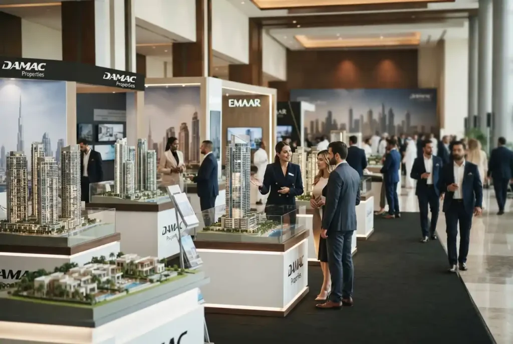 Dubai property exhibition with developers and real estate visitors