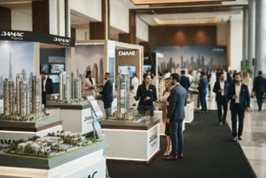 Dubai property exhibition with developers and real estate visitors