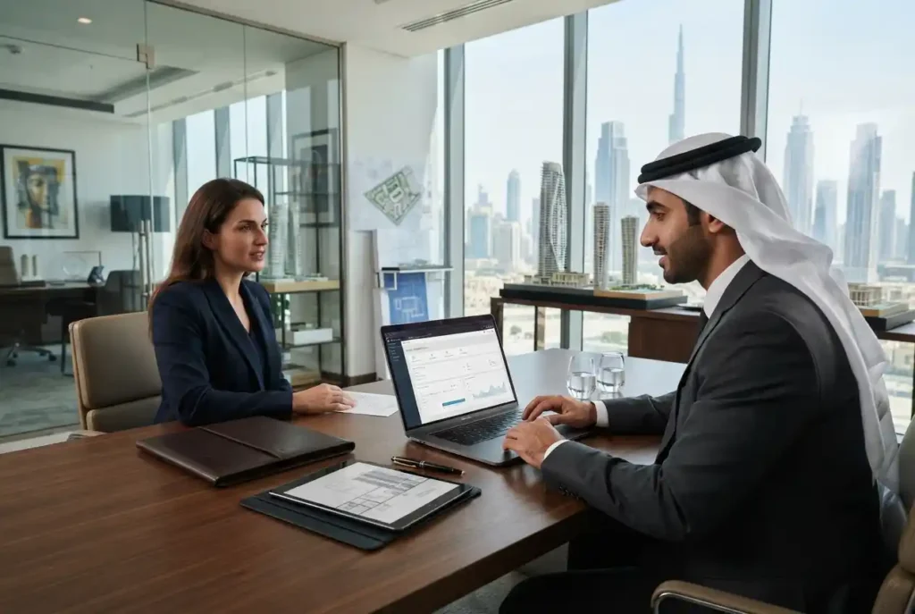 Business professional completing Dubai property supplier registration