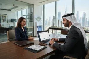 Business professional completing Dubai property supplier registration