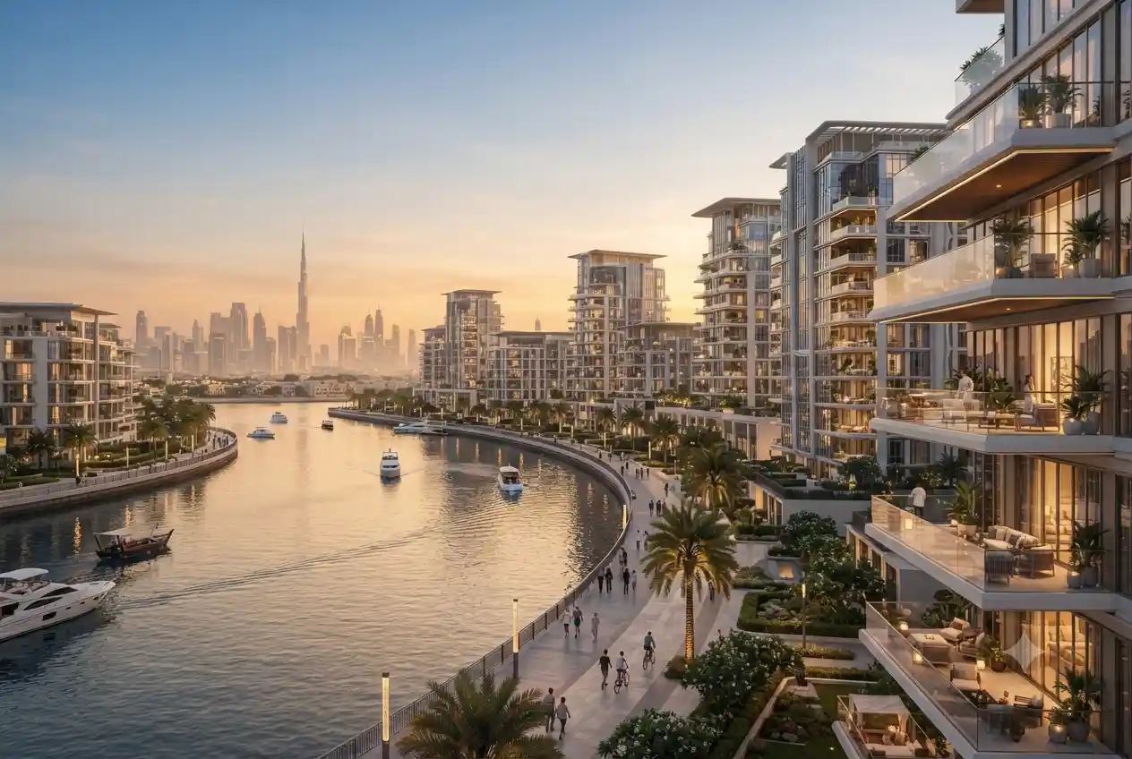 Luxury canal view properties and residential towers in Dubai