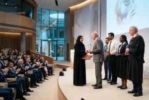 Teachers and students receiving education awards at a UAE ceremony