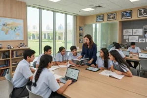 Students learning about influential education figures in a modern classroom