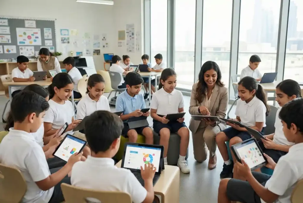 Students using educational apps on tablets in a modern UAE classroom