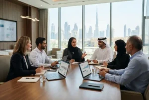 Educational leaders collaborating with teachers in a modern UAE school