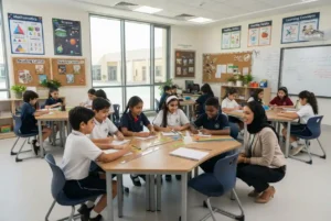 Students learning in a classroom with educational posters