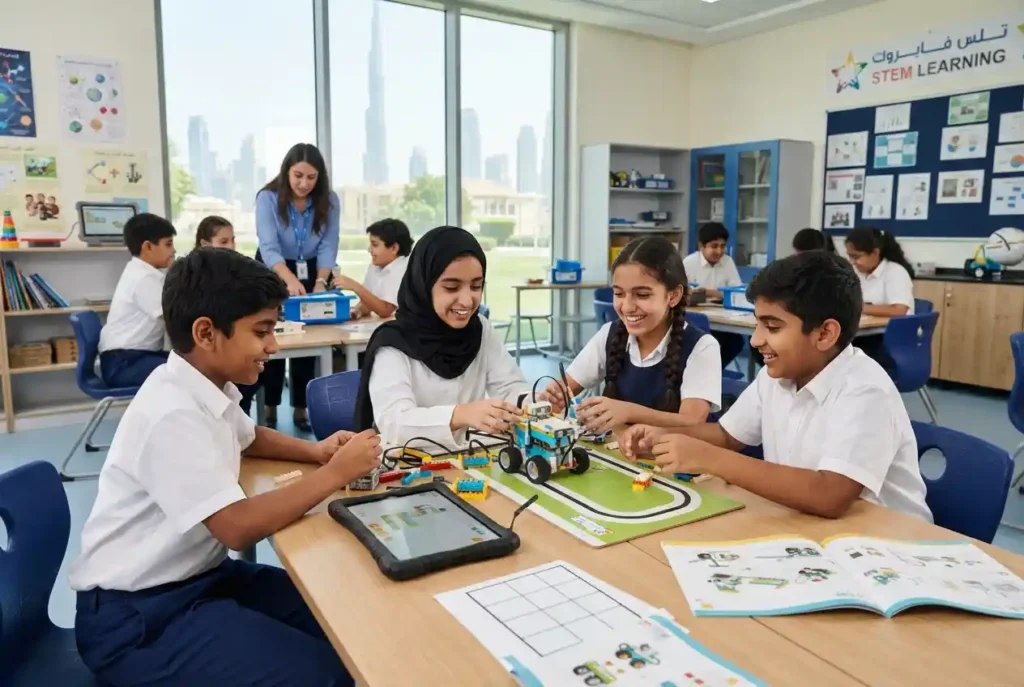 Children using an educational robot toy during a STEM classroom activity