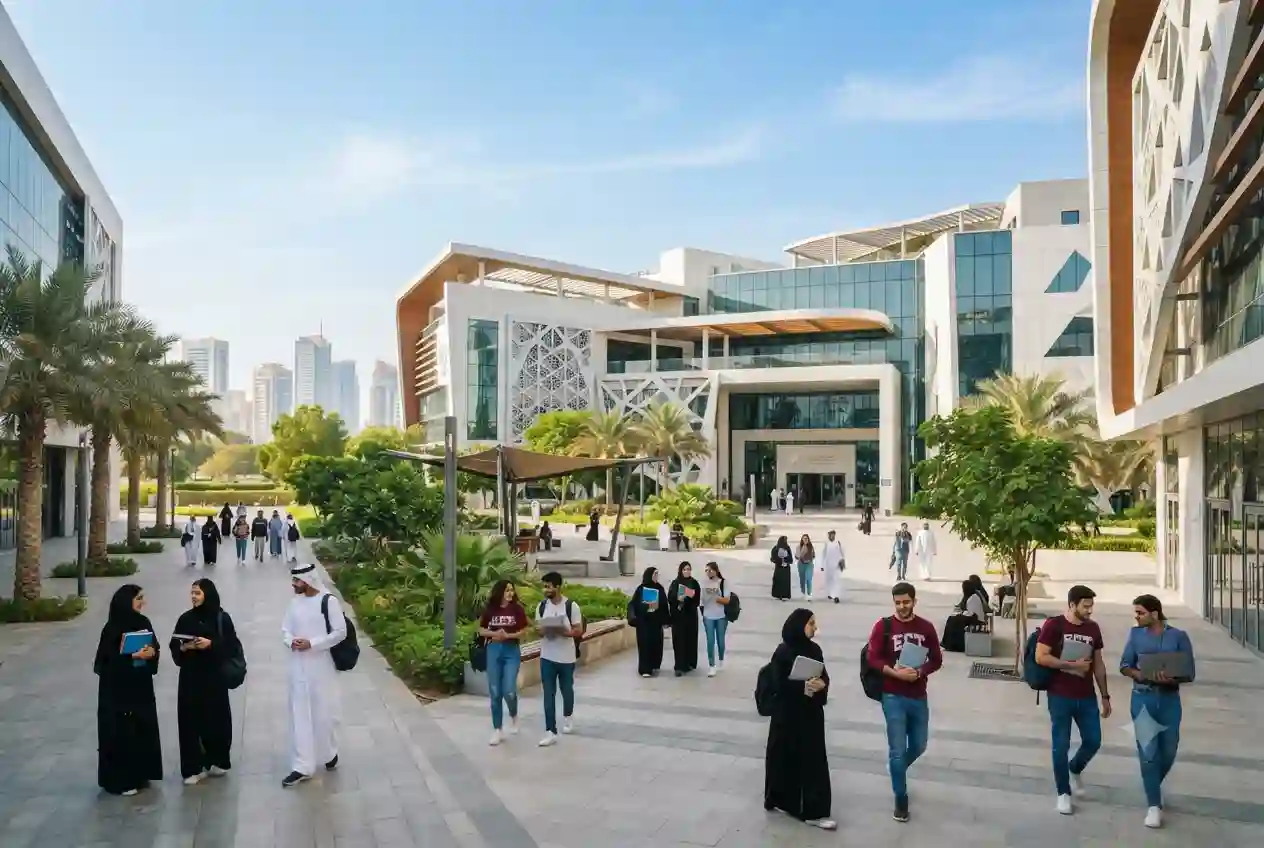 Students outside the Emirates College of Technology campus in Abu Dhabi