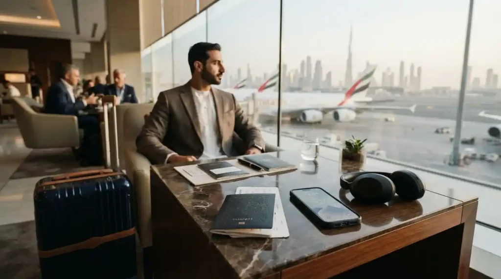 Emirates travel insurance guide with passport luggage boarding pass and travel documents