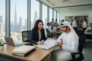 HR manager reviewing employee insurance documents in a Dubai office