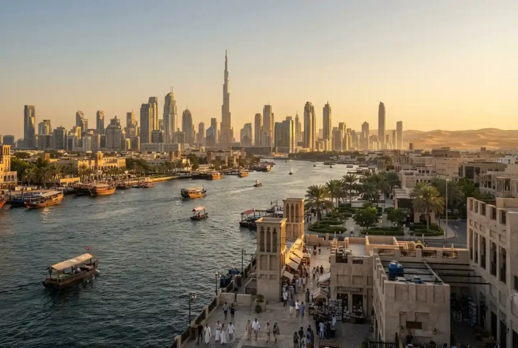 Explore Dubai featuring modern skyline, historic architecture and waterfront scenery