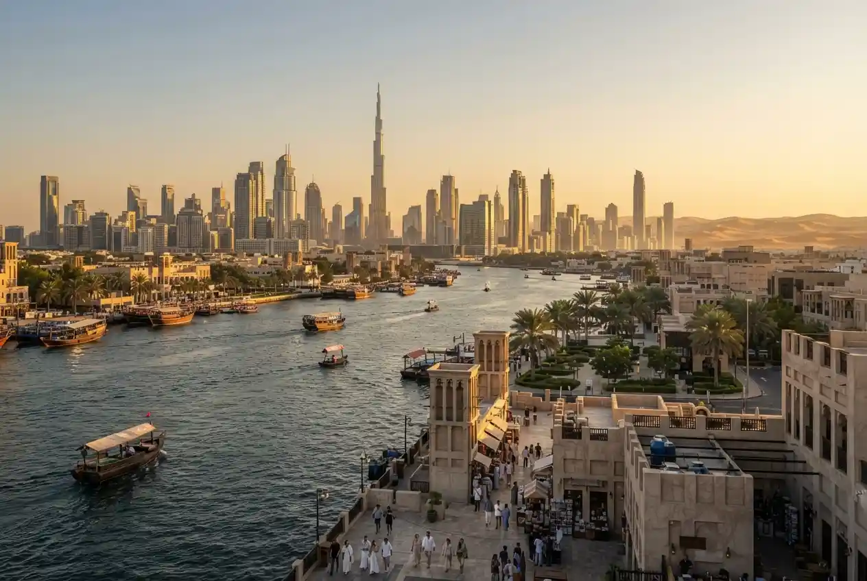 Explore Dubai featuring modern skyline, historic architecture and waterfront scenery