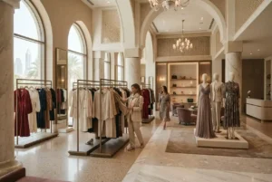 Premium fashion boutique interior in Dubai with contemporary clothing