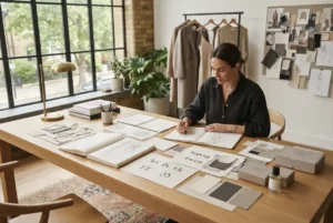Fashion brand logo design concepts in a professional branding studio