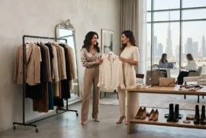 Fashion consultant helping a client create a stylish wardrobe