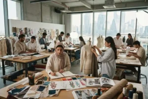 Fashion design students working on sketches and garments in a Dubai studio
