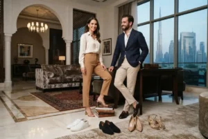 Stylish fashion shoes for men and women with contemporary outfits