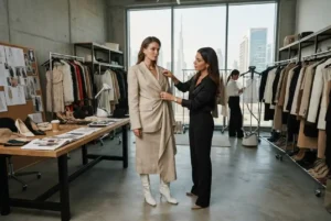 Fashion stylist arranging a contemporary outfit for a professional photoshoot