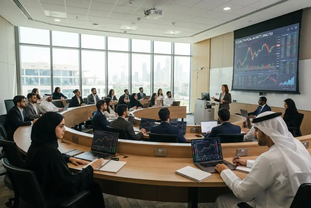 University students studying finance in a modern business classroom.