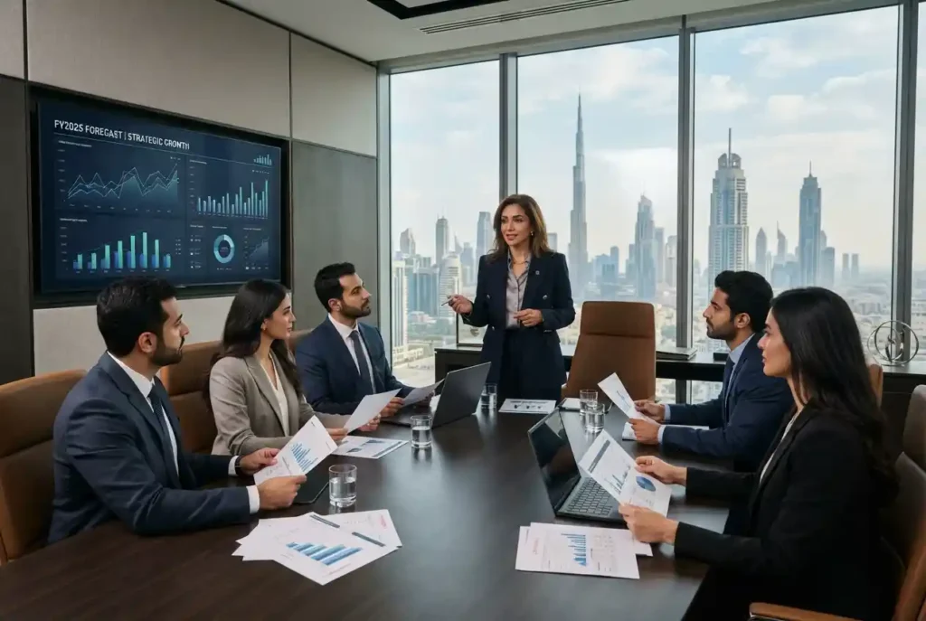 Finance director leading a financial strategy meeting in the UAE
