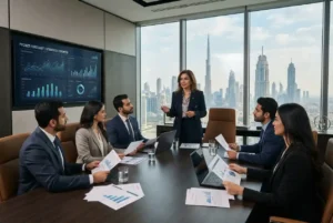 Finance director leading a financial strategy meeting in the UAE
