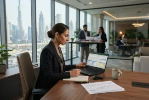 Finance executive working with financial reports in a UAE office