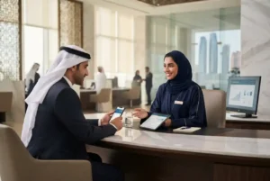 Finance House customer service representative assisting a customer in the UAE