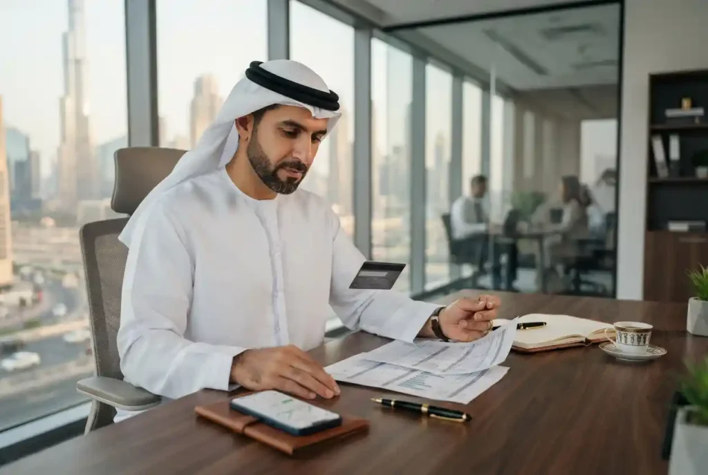 Customer reviewing a credit card and financial statement in the UAE