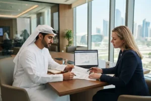 Customer discussing a personal loan with a finance adviser in the UAE
