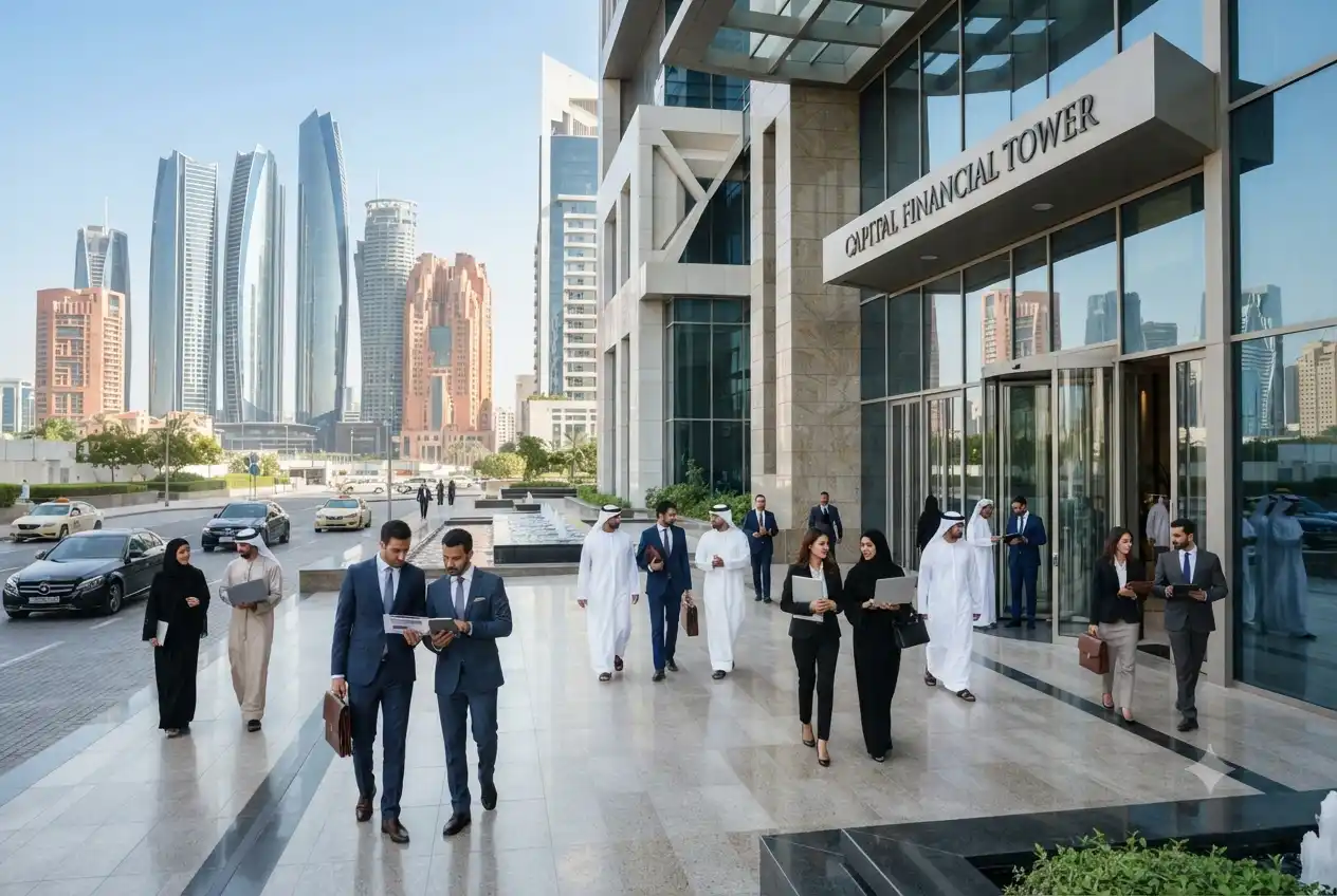 Finance professionals working in Abu Dhabi's modern business district.