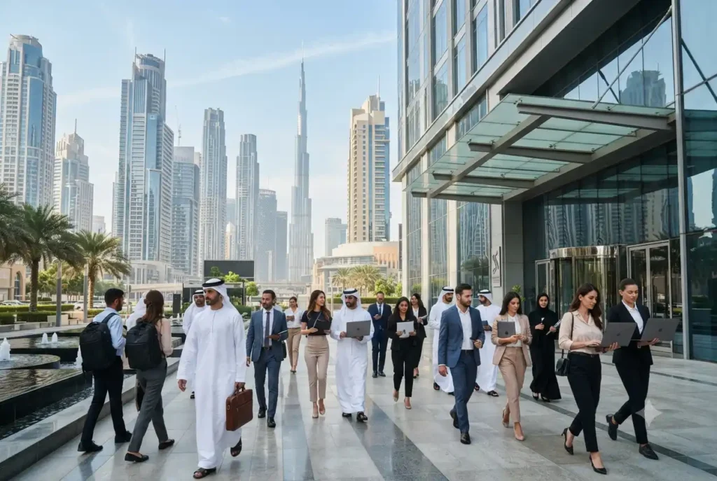 Finance professionals entering a modern corporate office in Dubai's financial district.
