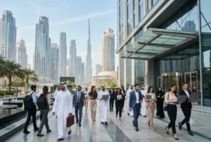 Finance professionals entering a modern corporate office in Dubai's financial district.