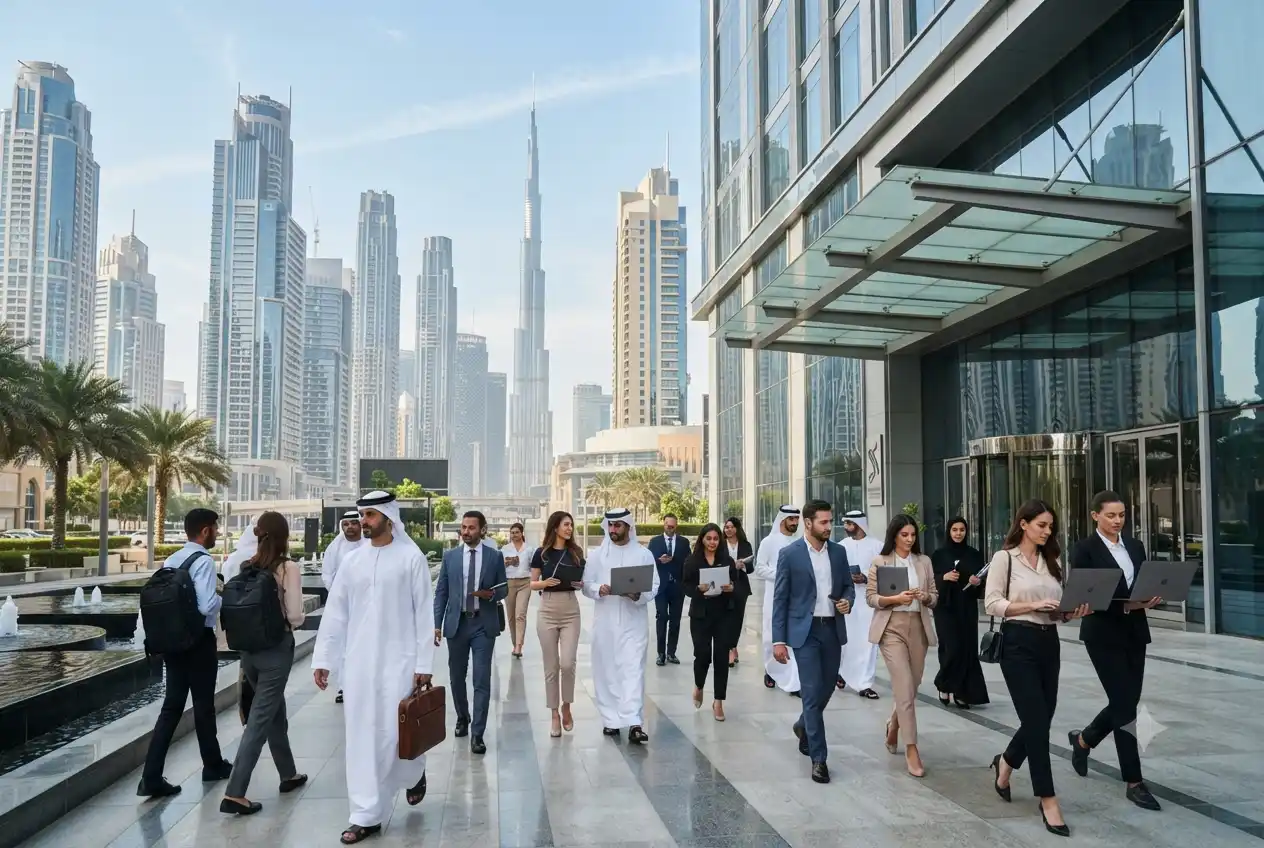 Finance professionals entering a modern corporate office in Dubai's financial district.