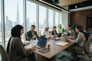 Finance professionals working in a modern UAE corporate office.