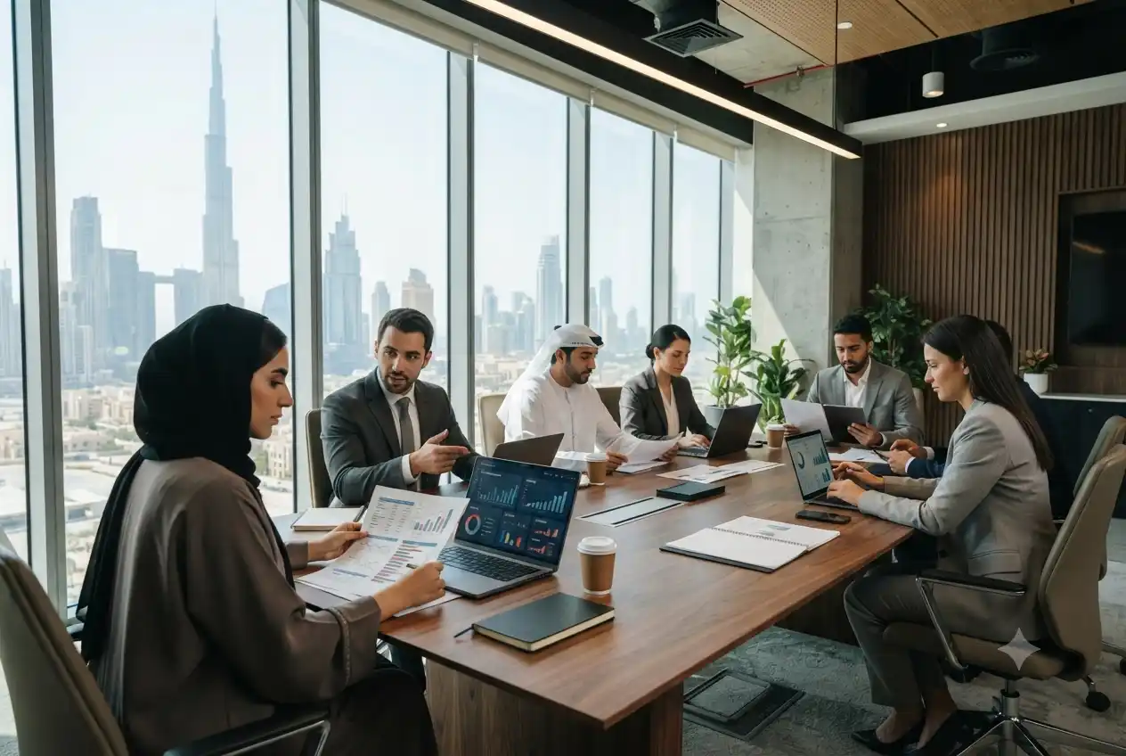Finance professionals working in a modern UAE corporate office.